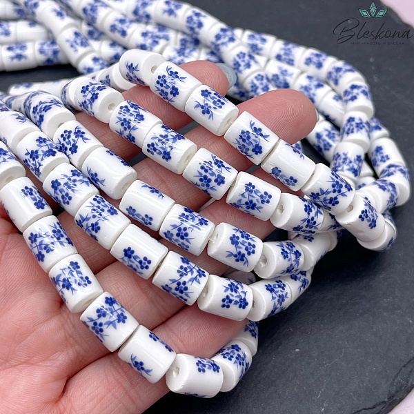 10,5*8,5 мм Керамика Бусина цилиндр роспись гжель №2 