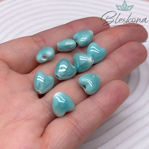 10 мм Бусина сердце, керамика цвет бирюзовый