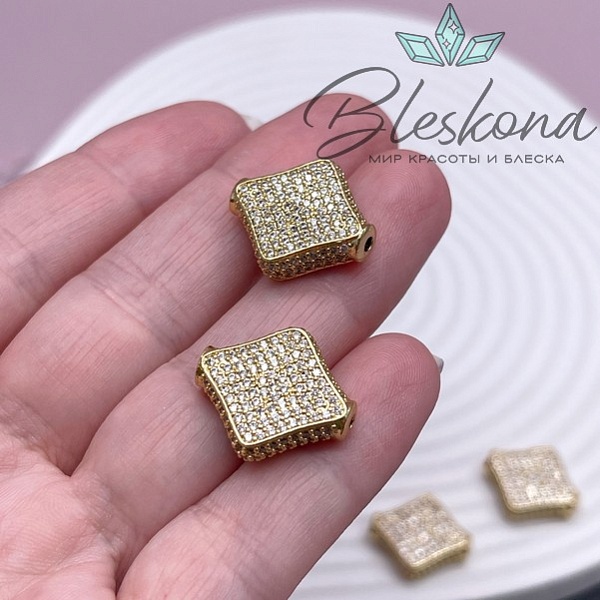 19*17 мм Цвет золото, Бусина ромб плоский цирконы