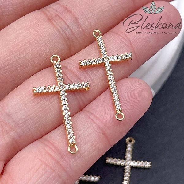 Коннектор Крест цирконы, цвет золото 16*29 мм