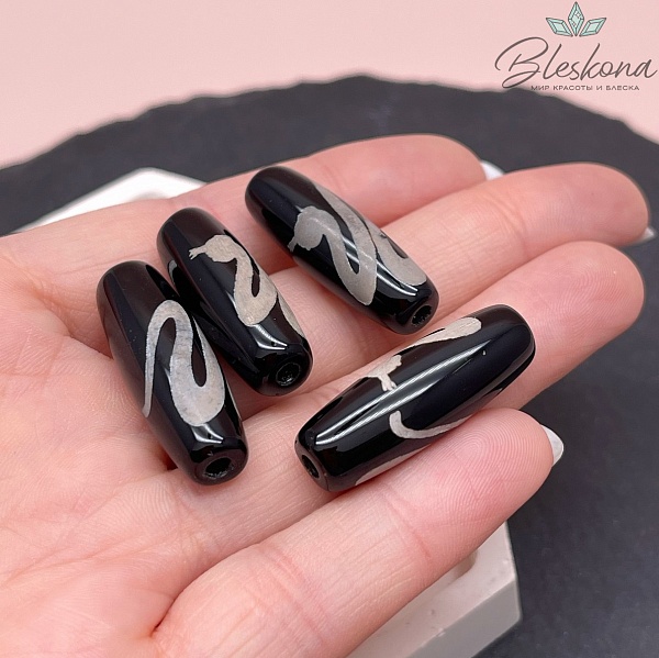 Бусина Дзи Змея черно-белый бочонок 30*11 мм