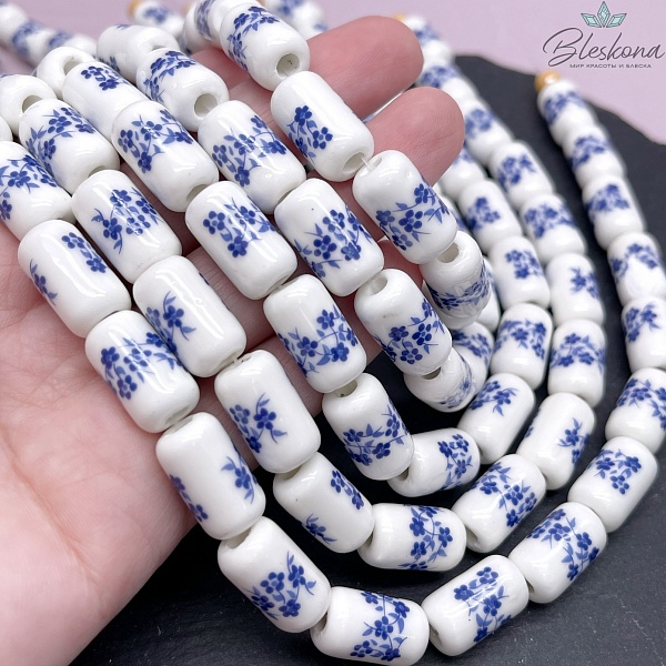 17*10 мм Керамика Бусина бочонок  роспись гжель №2