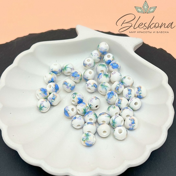 8 мм Керамика Бусина роспись гжель №9 (штучно)