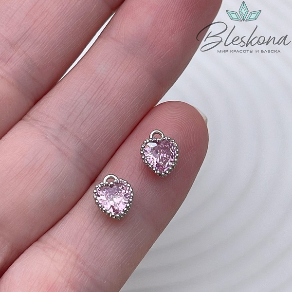 8*6,5 мм Цвет серебро, Подвеска Сердце мини розовый циркон 
