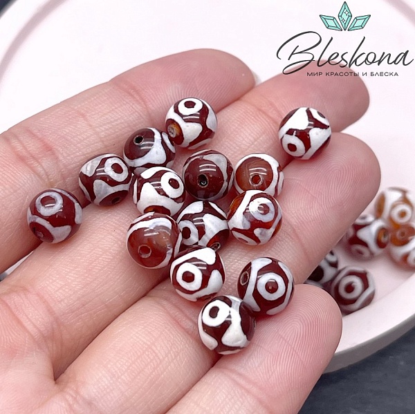 Бусина Дзи 3 глаза бело-коричневый шар 8 мм уп.15 шт.