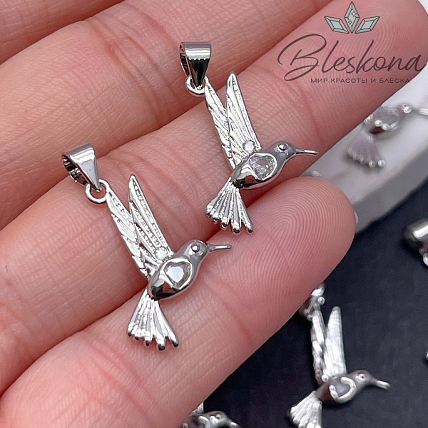 21*16 мм Цвет серебро, Подвеска Колибри с цирконом