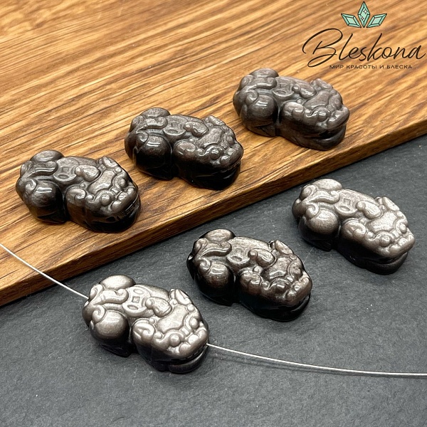 27*16 мм Резная бусина Пи Яо Обсидиан серебристый