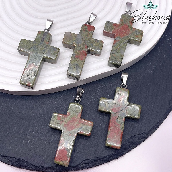 Подвеска крест Унакит, цвет серебро 44*28 мм