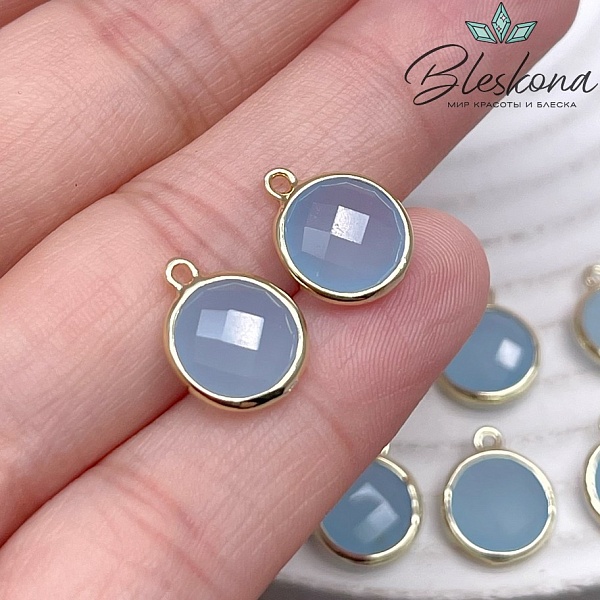 10,5мм, цвет золото ,Подвеска круг мини Кварц тонированный голубой  огранка