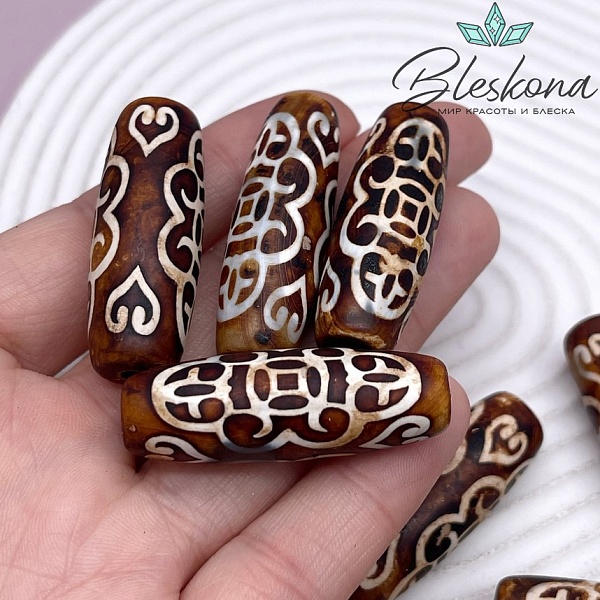 Бусина Дзи 2 монеты и 4 сердца коричневый матовый бочонок 40*13 мм