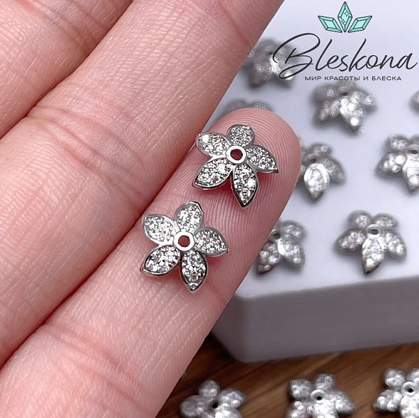 9,5 мм Цвет серебро, Шапочка цветок цирконы