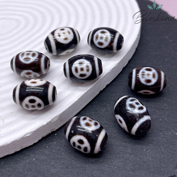 Бусина Дзи 3 монеты черно- белый бочонок 20*15 мм