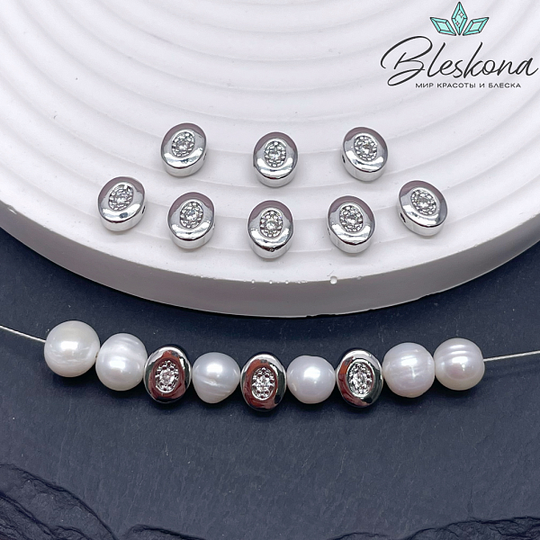 6,3*7,8 мм Цвет серебро, Бусина овал циркон