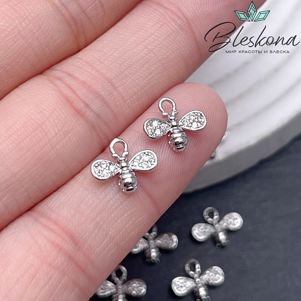8,5*10 мм Цвет серебро, Подвеска Пчелка с цирконами
