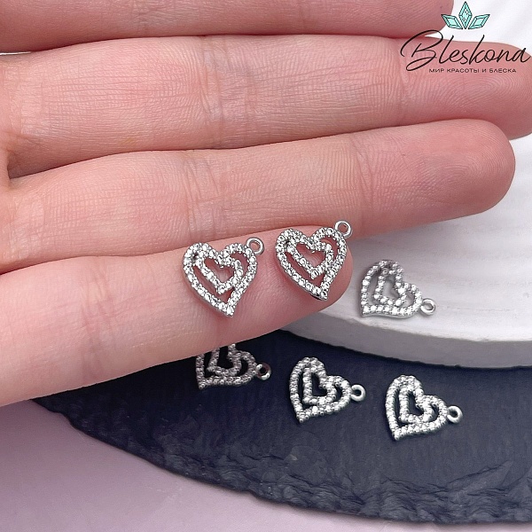 12*10,5мм Цвет серебро, Подвеска сердце двойное стразы 