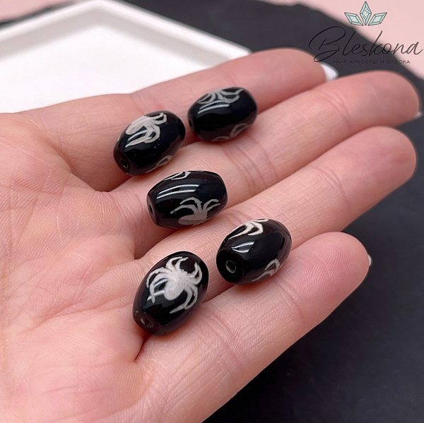 Бусина Дзи Паук и Сау черно-белый бочонок 10*14 мм