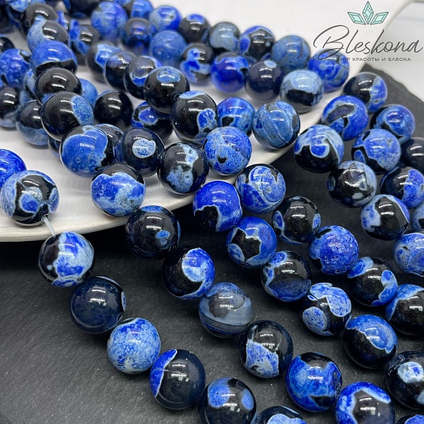 Агат черный синие разводы (имитация) 14 мм