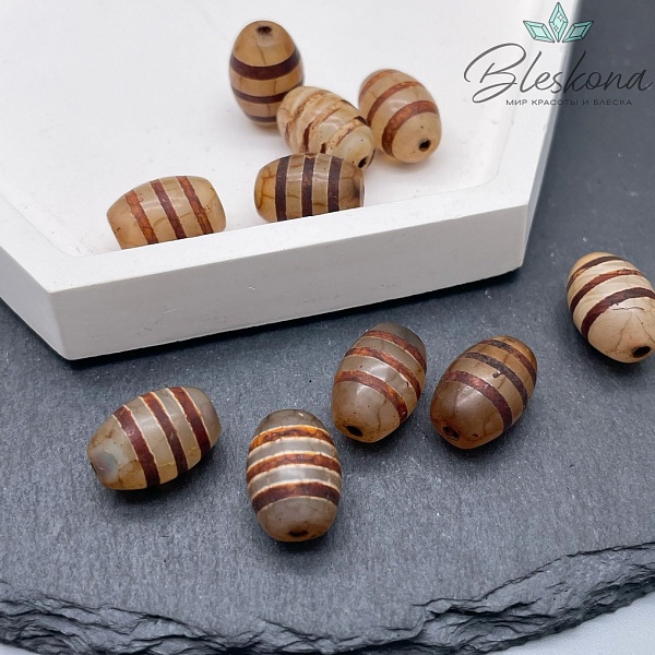 Бусина Дзи полосатая серо-коричневый бочоной 10*14 мм