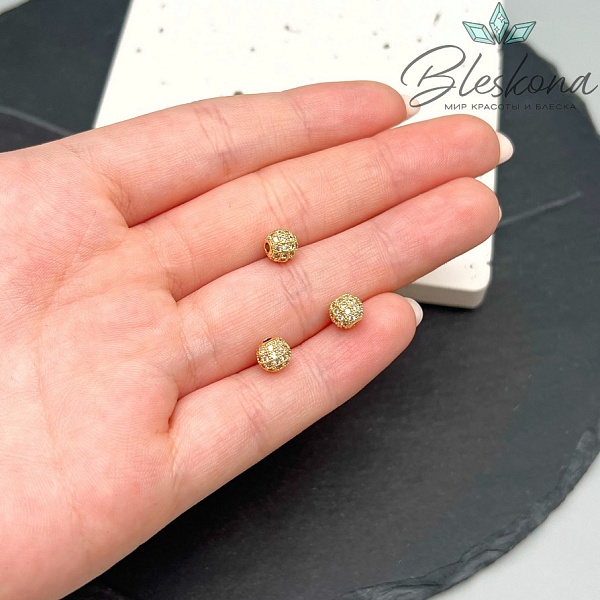 6 мм Цвет золото, Бусина с белыми цирконами 