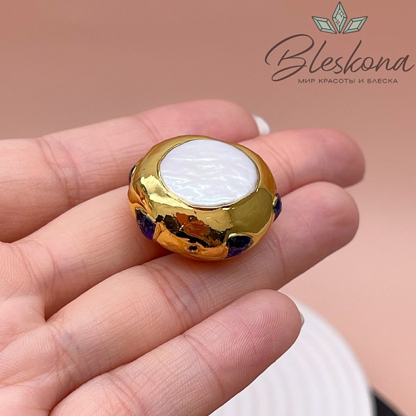 25 мм Цвет золото, Бусина  Жемчуг инкрустированная кошачим глазом