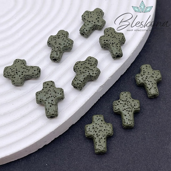 Лава Вулканическая Бусина крест темно- зеленый 17*13 мм