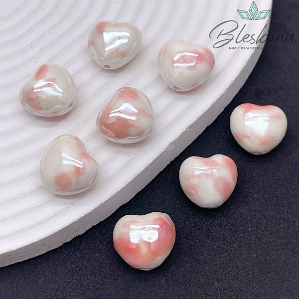 17 мм Бусина сердце, керамика цвет белый розовый рисунок