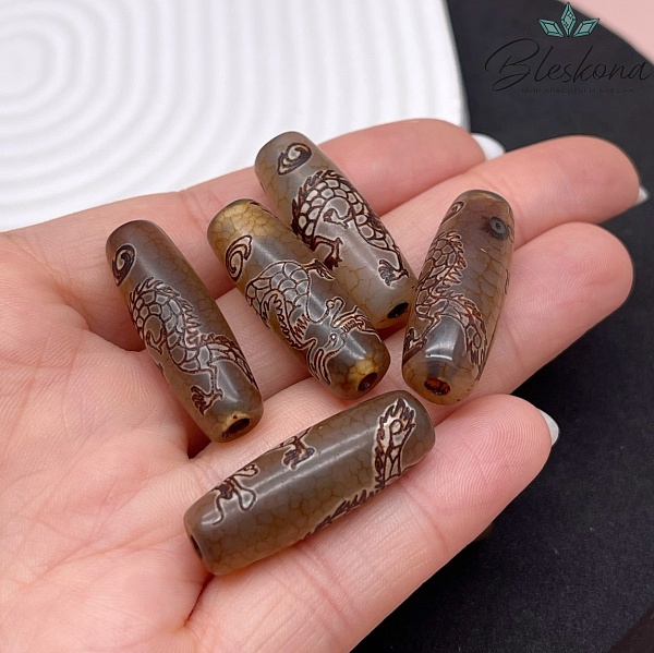 Бусина Дзи Дракон серо-коричневый бочонок №1 30*11 мм