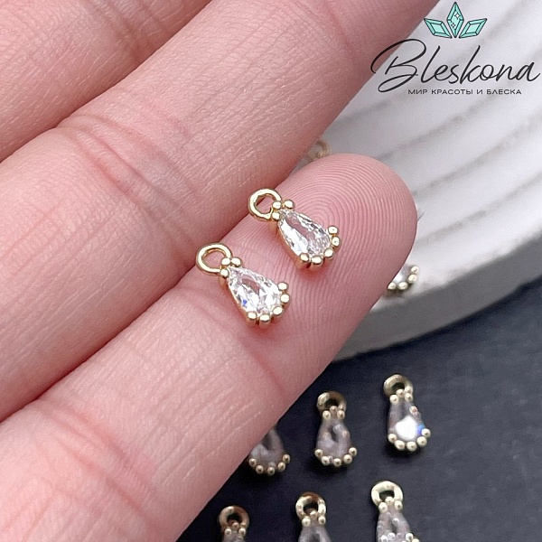 8,5*4 мм Цвет золото, Подвеска капля белый циркон