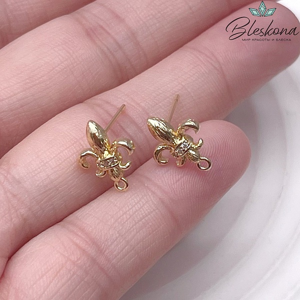 13*10 мм Цвет золото, Пусеты Королевская лилия цирконы