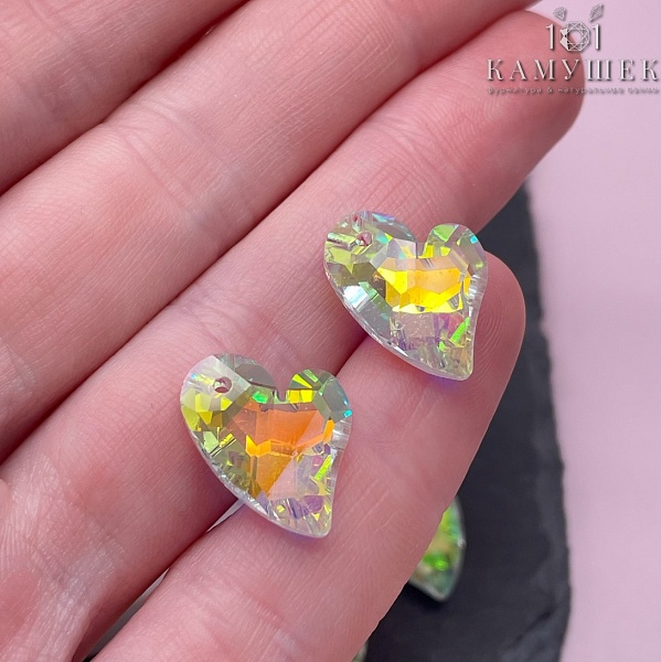 16,5*14 мм, Подвеска сердце стекло белое с переливом (AB) уп. 2 шт