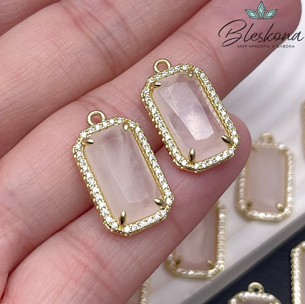 12*21мм, цвет золото ,Подвеска Прямоугольник Розовый кварц в обрамлении цирконы