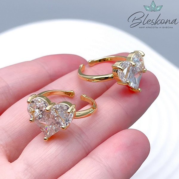 20 мм Цвет золото, Кольцо безразмерное сердце цирконы