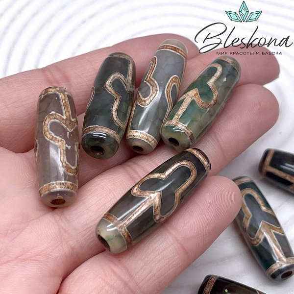 Бусина Дзи Бодха зелено-коричневый бочонок 30*11 мм