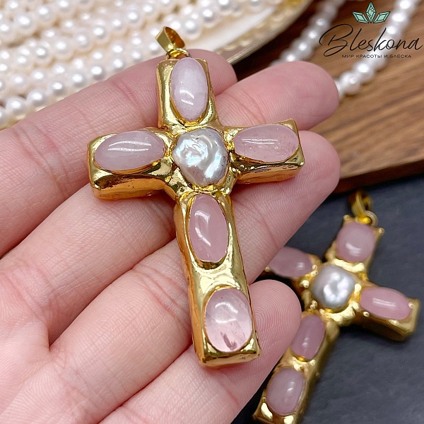 38*65 мм Цвет золото, Подвеска крест Жемчуг, Розовый кварц в обрамлении