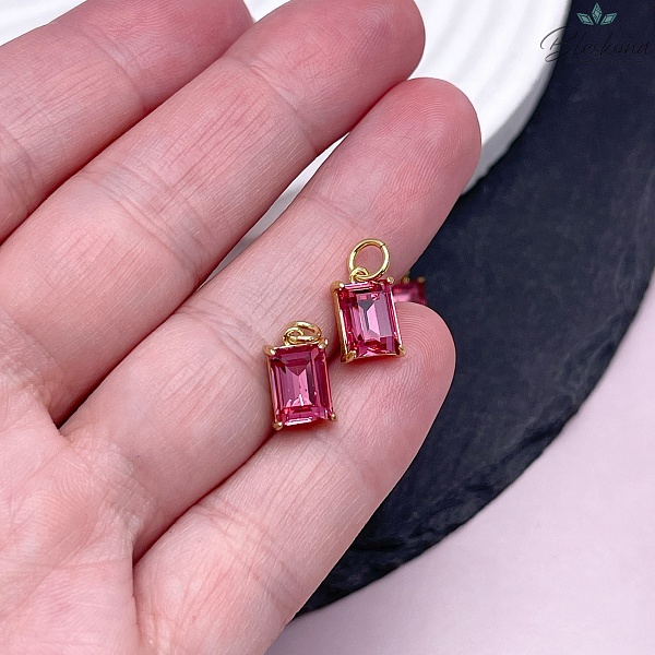 8*5 мм, Цвет золото, Подвеска прямоугольник малиновый циркон