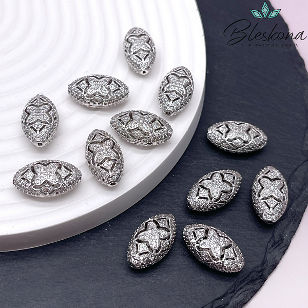 22*12,6 мм Цвет серебро, Бусина клевер цирконы 