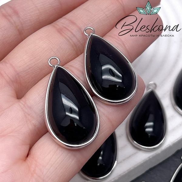 33*17 мм Цвет серебро, Подвеска капля Агат черный