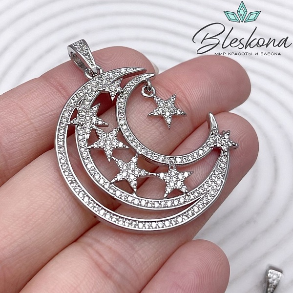 39*26 мм Цвет серебро, Подвеска полумесяц со звездой цирконы