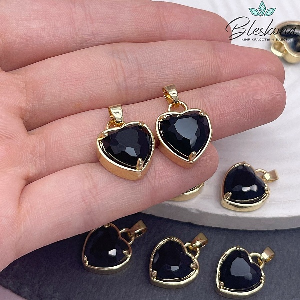 15*18мм Цвет золото, Подвеска сердце черное стекло