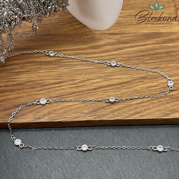 Цепь №200 цвет серебро 1,6*2 мм циркон