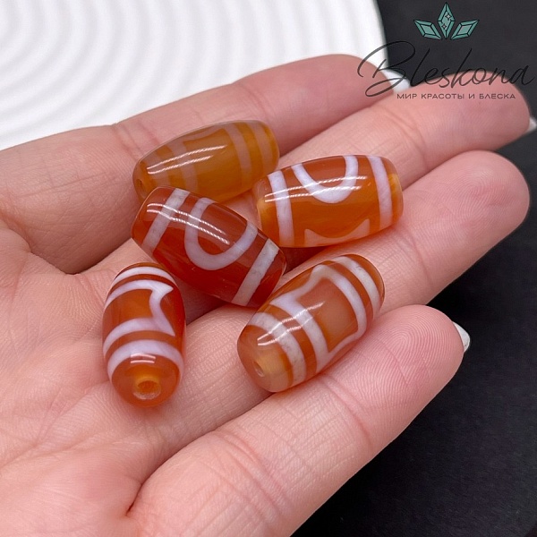 Бусина Дзи Небо, Земля бело-коричневый бочонок  №1 20*11 мм