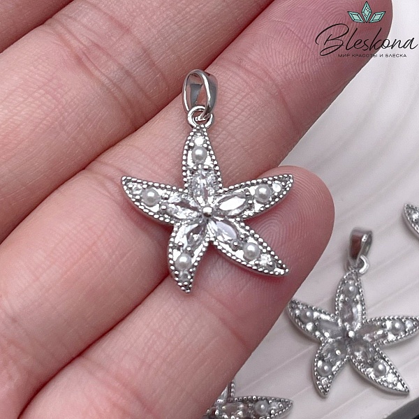 22*20 мм Цвет серебро, Подвеска морская звезда белые цирконы 