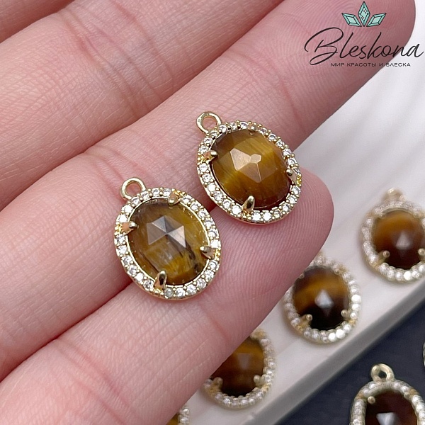 15*11 мм Цвет золото, Подвеска овал Тигровый Глаз в обрамлении цирконы