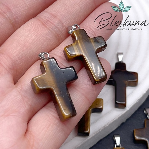 Подвеска крест Тигровый глаз, цвет серебро 29*18 мм