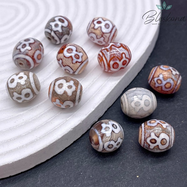 Бусина Дзи Кубера серо-коричневый бочонок 14*14 мм