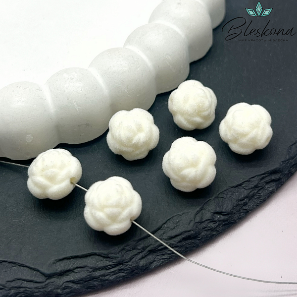 12мм Бархатная бусина Цветок - Роза, Цвет белый