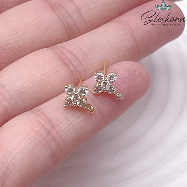 10*8 мм Цвет золото, Пусеты цветочек цирконы