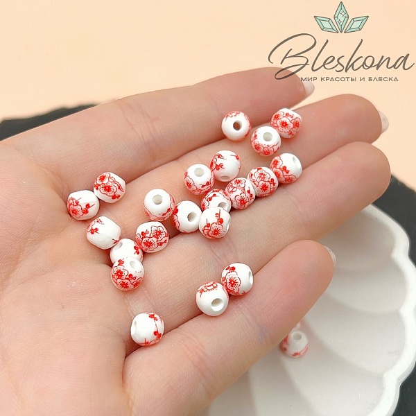 6 мм Керамика Бусина роспись гжель №17 (штучно)