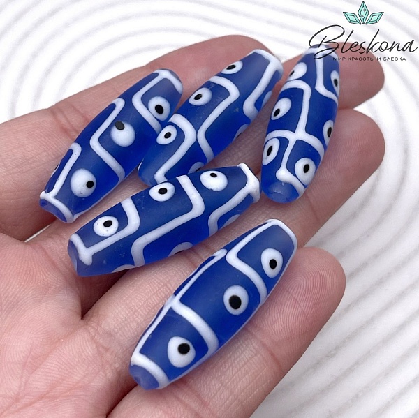 Бусина Дзи 9 глаз бело- синий бочонок 30*11 мм