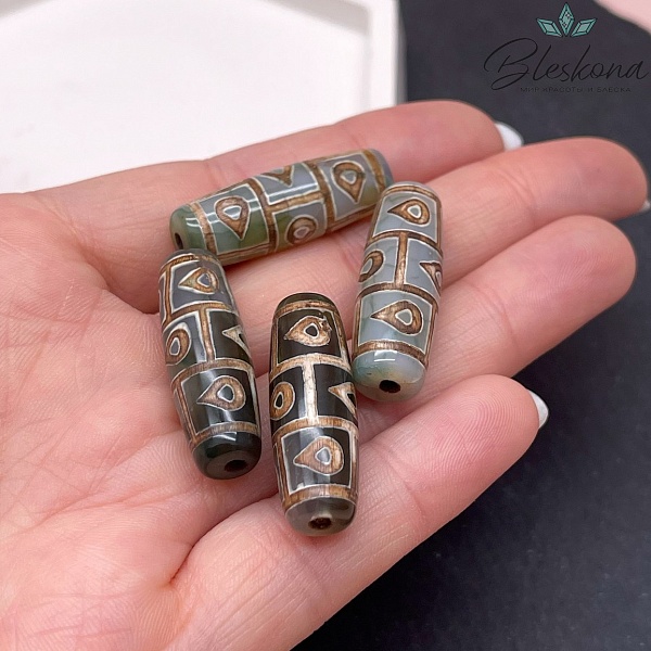 Бусина Дзи 9 глаз - Капли Дождя зелено-коричневый бочонок 30*11 мм